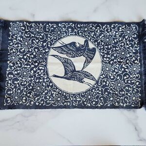 Geese canvas table cloth navy blue cream floral fringe trim bird aviary 1 piece